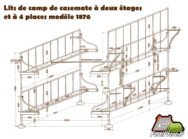 Plan d'un de camp de casemate à deux étage et à quatre places modèle 1876 - D'après une instruction sur les lits modèle 1876 VAUBOURG Cédric