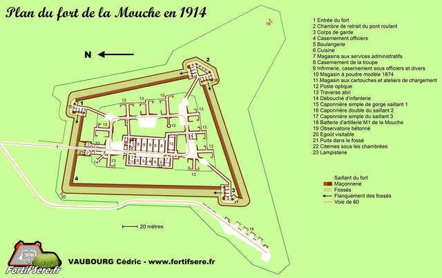 Plan du fort de la Mouche à Epinal est un fort à massif central et à batterie basse. VAUBOURG Cédric
